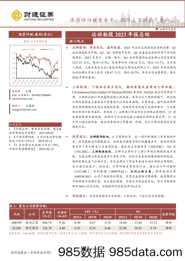 【服饰服装报告】纺织服饰行业运动鞋服2023年报总结：库存回归健康水平，期待上下游景气度向上-240406-财通证券