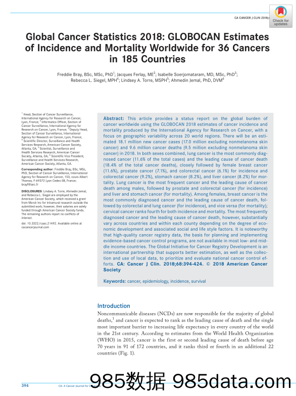 【医疗】CA Cancer-2018年全球癌症统计数据（英文）-2018.12