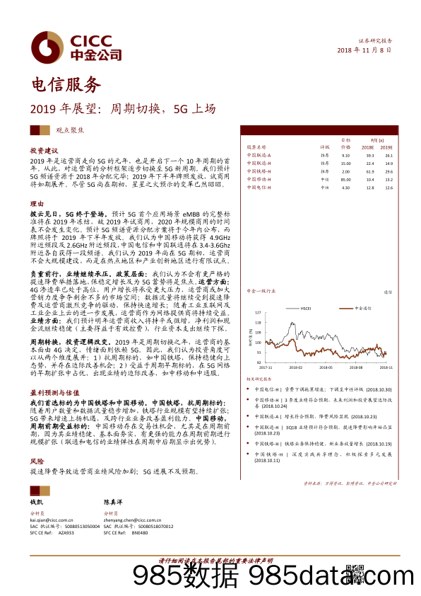 20181108-电信服务行业2019年展望：周期切换，5G上场-中金公司