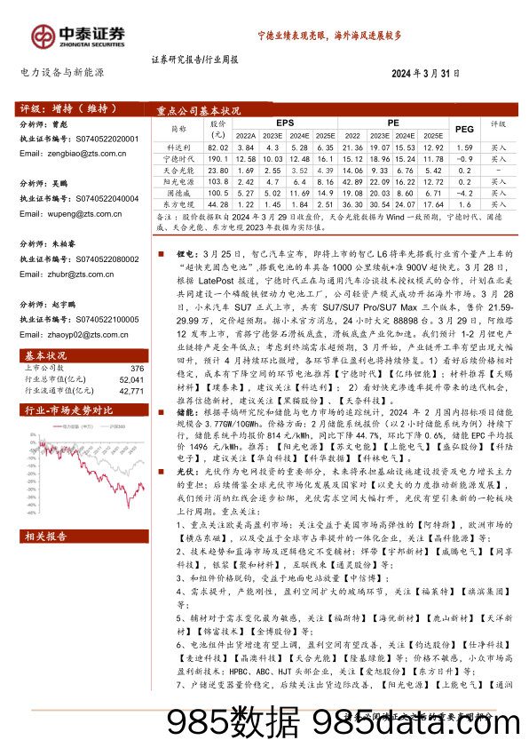 电力设备与新能源行业：宁德业绩表现亮眼，海外海风进展较多-240331-中泰证券