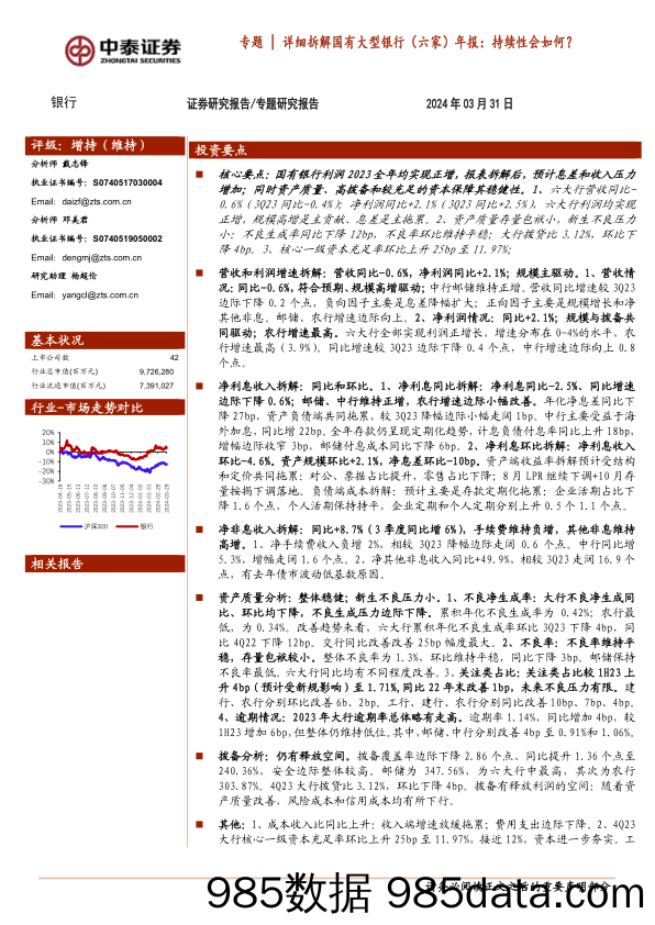 银行业专题｜详细拆解国有大型银行(六家)年报：持续性会如何？-240331-中泰证券