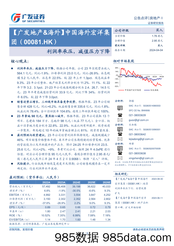 中国海外宏洋集团(00081.HK)利润率承压，减值压力下降-240404-广发证券