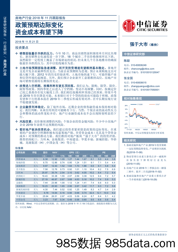 房地产行业2018年11月跟踪报告：政策预期边际变化，资金成本有望下降-20181121-中信证券