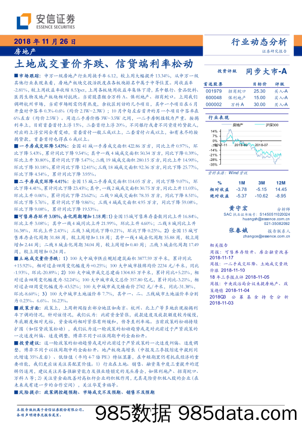 房地产行业动态分析：土地成交量价齐跌、信贷端利率松动-20181126-安信证券