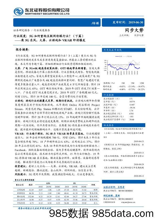 【5G】乘5G东风，大屏、云游戏和VR、AR即将爆发（传媒行业深度）-20190630-东北证券