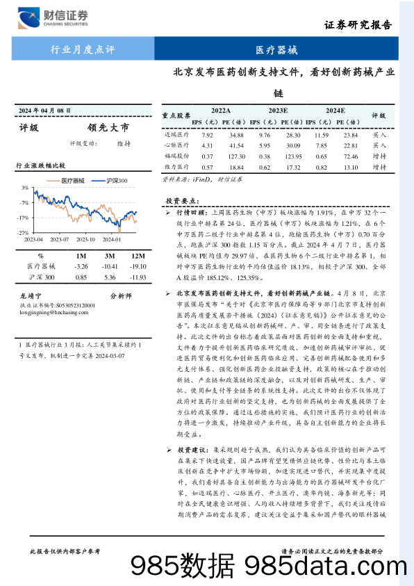 医疗器械行业月度点评：北京发布医药创新支持文件，看好创新药械产业链-240408-财信证券