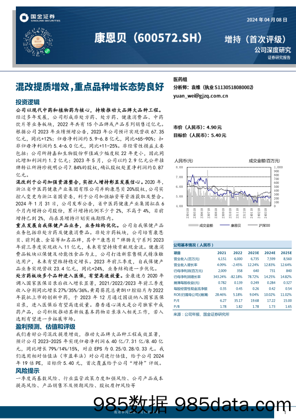 康恩贝-600572.SH-混改提质增效，重点品种增长态势良好-20240408-国金证券