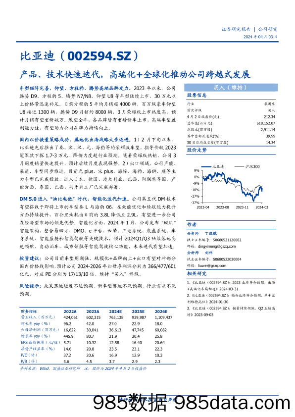 比亚迪-002594.SZ-产品、技术快速迭代，高端化+全球化推动公司跨越式发展-20240403-国盛证券