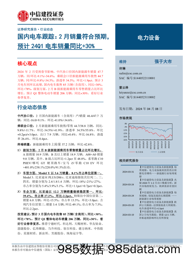 电力设备行业国内电车跟踪：2月销量符合预期，预计24Q1电车销量同比%2b30%25-240408-中信建投