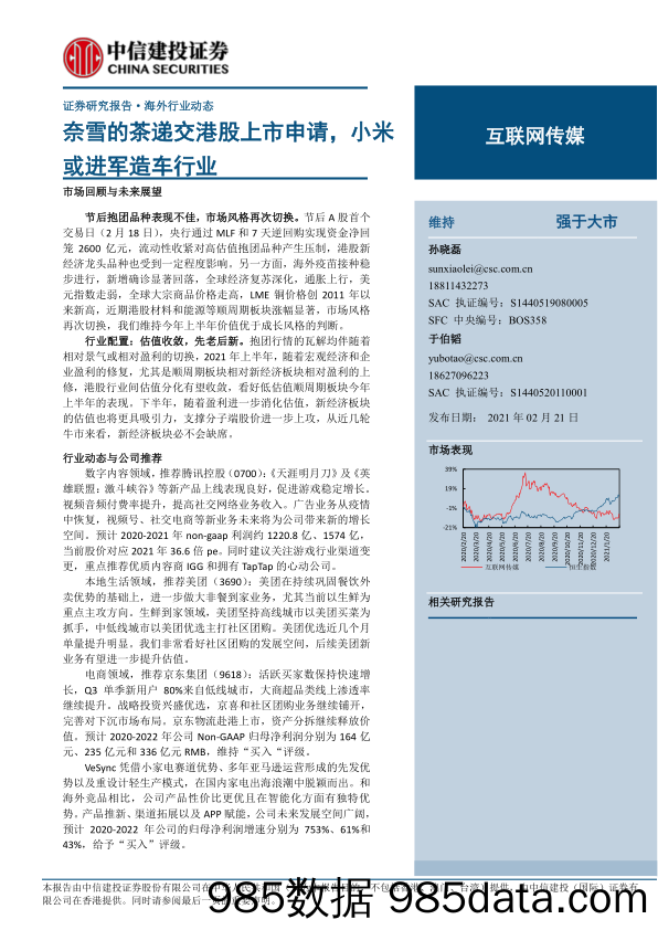 【汽车市场分析】互联网传媒行业：奈雪的茶递交港股上市申请，小米或进军造车行业-20210221-中信建投