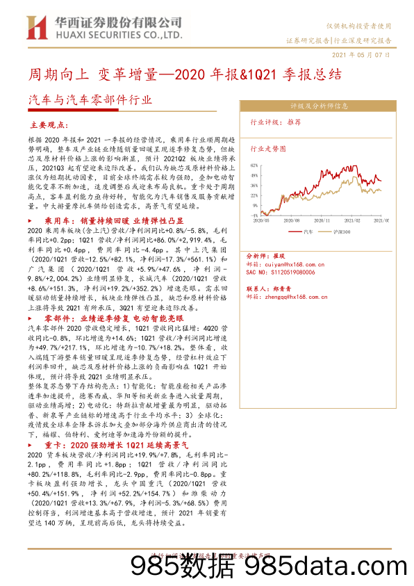 【汽车市场分析】汽车与汽车零部件行业2020年报-1Q21季报总结：周期向上，变革增量-20210507-华西证券