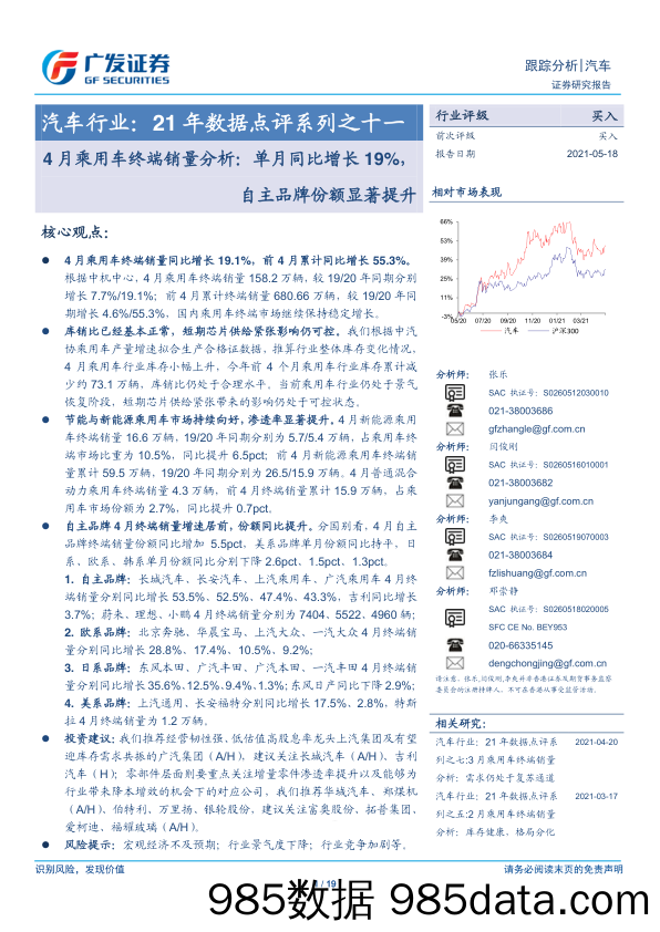 【汽车市场分析】汽车行业21年数据点评系列之十一：4月乘用车终端销量分析，单月同比增长19%，自主品牌份额显著提升-20210518-广发证券