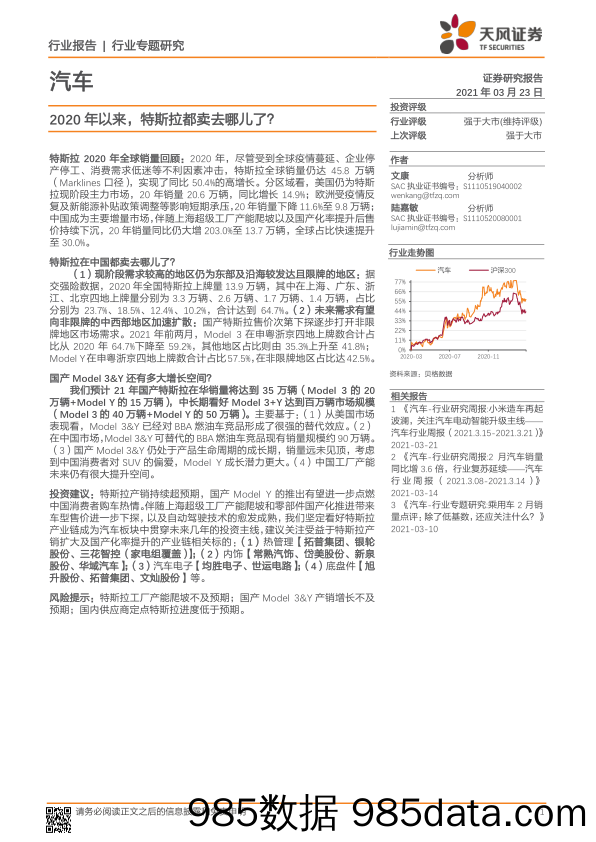 【汽车市场分析】汽车行业专题研究：2020年以来，特斯拉都卖去哪儿了？-20210323-天风证券