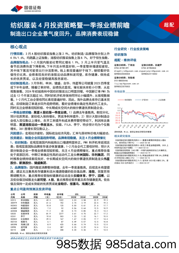 纺织服装行业4月投资策略暨一季报业绩前瞻：制造出口企业景气度回升，品牌消费表现稳健-240403-国信证券