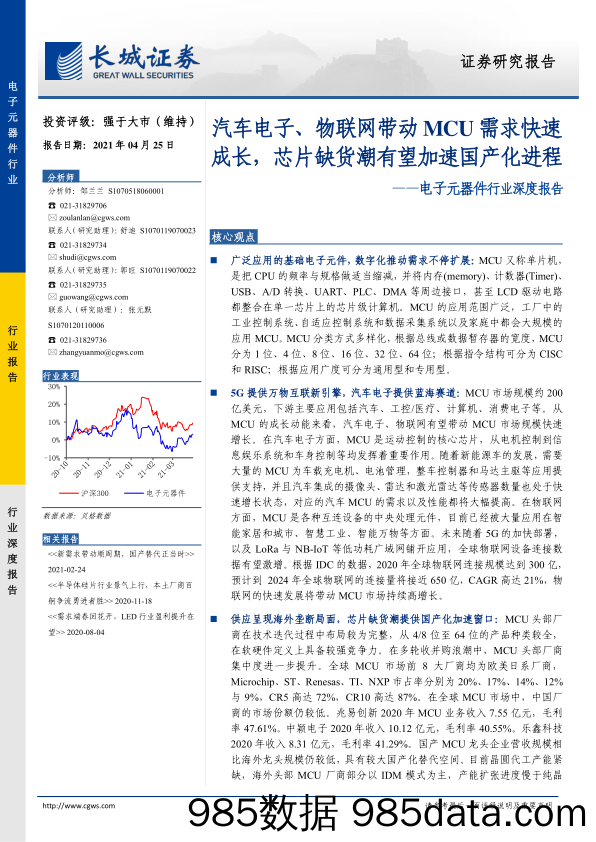 【汽车市场分析】电子元器件行业深度报告：汽车电子、物联网带动MCU需求快速成长，芯片缺货潮有望加速国产化进程-20210425-长城证券