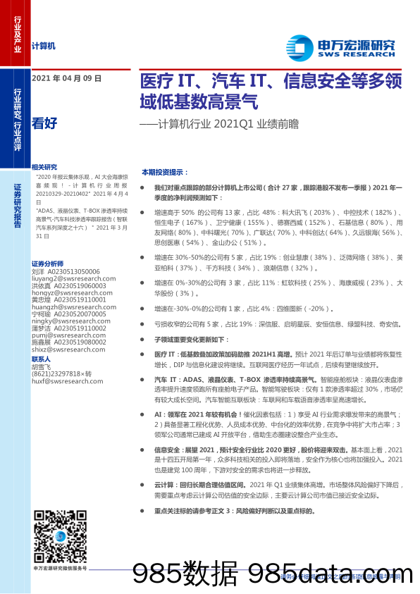 【汽车市场分析】计算机行业2021Q1业绩前瞻：医疗IT、汽车IT、信息安全等多领域低基数高景气-20210409-申万宏源