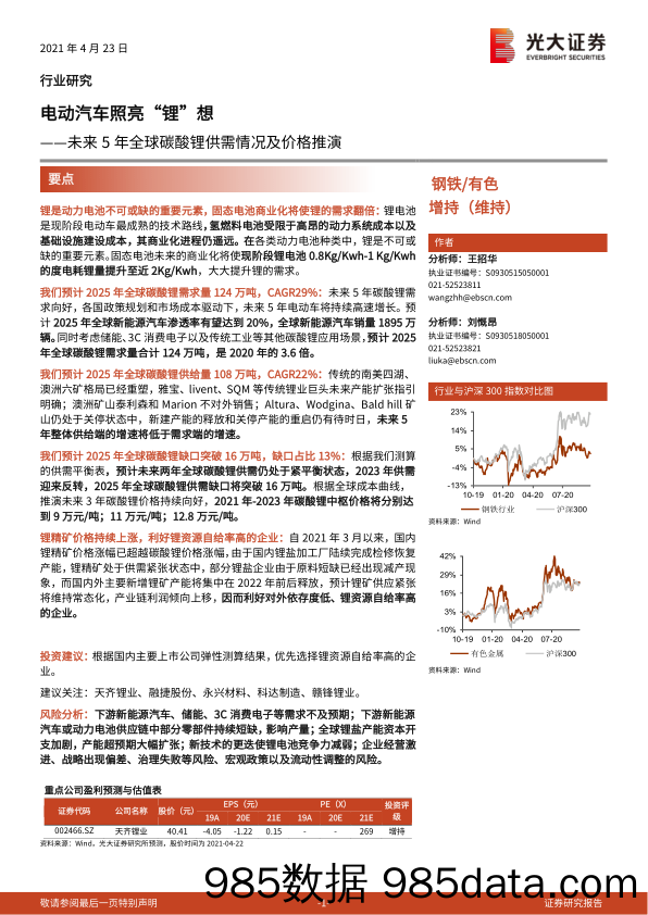 【汽车市场分析】钢铁有色行业未来5年全球碳酸锂供需情况及价格推演：电动汽车照亮“锂”想-20210423-光大证券