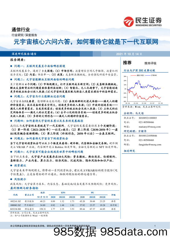 【元宇宙市场研报】通信行业：元宇宙核心六问六答，如何看待它就是下一代互联网-20211014-民生证券