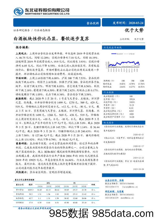 【酒市场研报】食品饮料行业动态报告：白酒板块性价比凸显，餐饮逐步复苏-20200324-东北证券