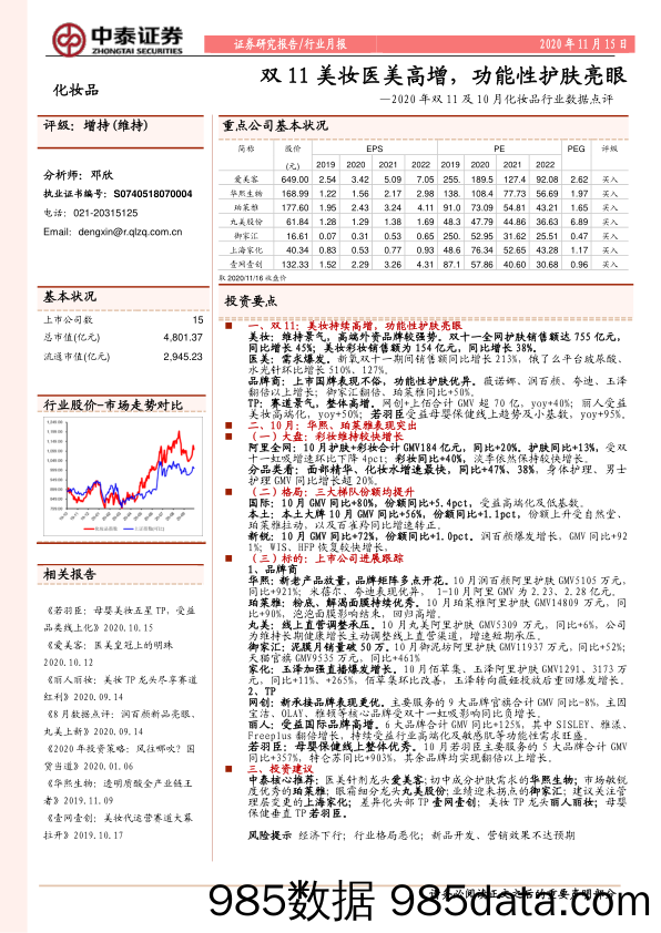 【医疗美容研报】2020年双 11 美妆医美高增，功能性护肤亮眼