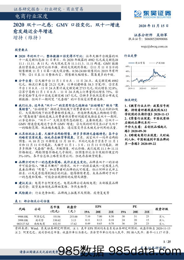 【双11  618电商】电商行业深度：2020双十一之惑，GMV口径变化，双十一增速愈发趋近全年增速-20201115-东吴证券