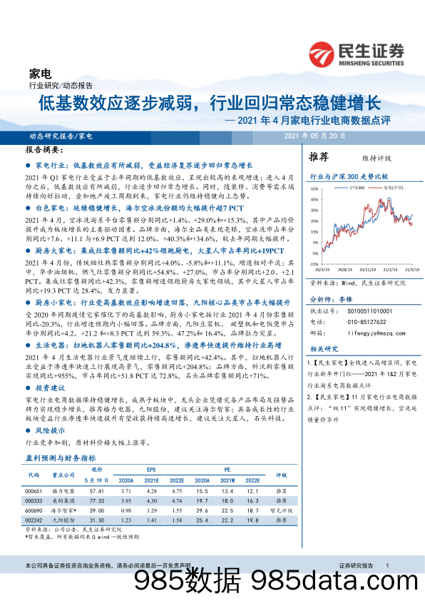 【家电电商】2021年4月家电行业电商数据点评：低基数效应逐步减弱，行业回归常态稳健增长-20210520-民生证券