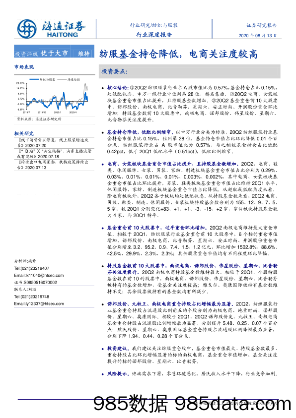 【服饰电商】纺织与服装行业：纺服基金持仓降低，电商关注度较高-20200813-海通证券