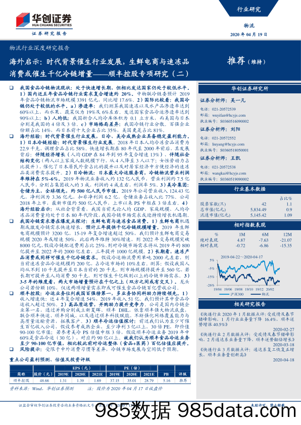 【生鲜电商】物流行业深度研究报告：顺丰控股专项研究（二），海外启示，时代背景催生行业发展，生鲜电商与速冻品消费或催生千亿冷链增量-20200419-华创证券