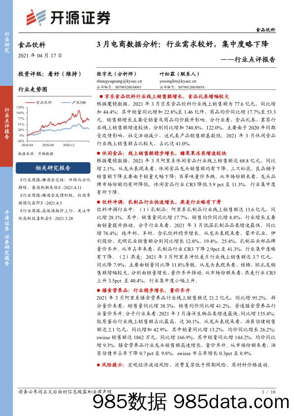 【食品电商】食品饮料行业点评报告：3月电商数据分析，行业需求较好，集中度略下降-20210417-开源证券