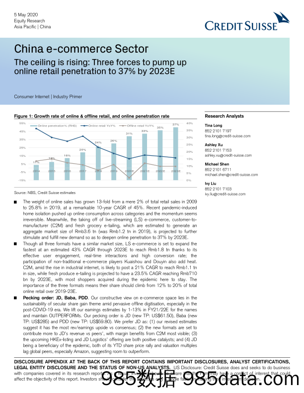 【零售电商】瑞信-中国-电商行业-中国电商的天花板正在上升：三股力量推动在线零售渗透率到2023年达到37%-2020.5.5