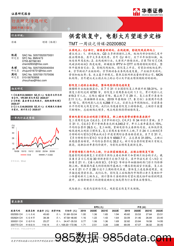 【影视综艺娱乐-研报】TMT一周谈之传媒行业：供需恢复中，电影大片望逐步定档-20200802-华泰证券