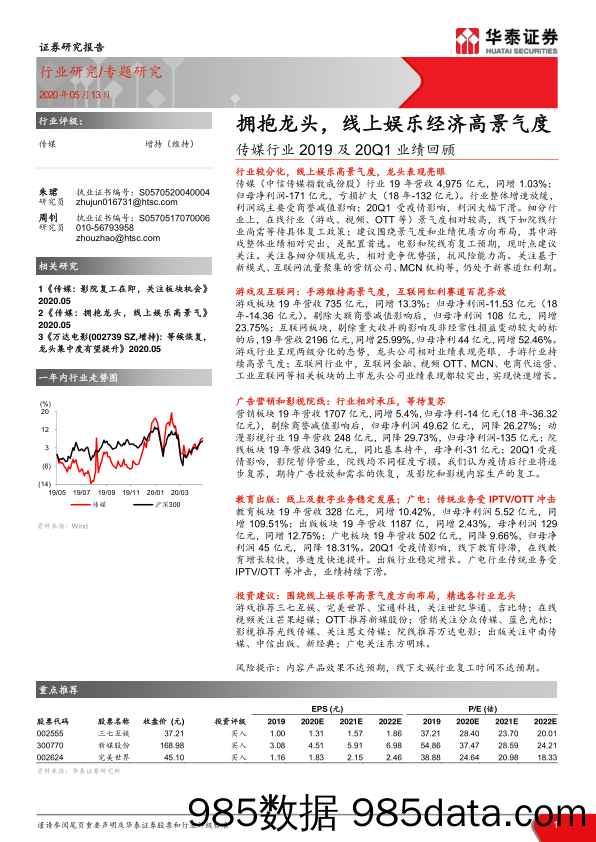 【影视综艺娱乐-研报】传媒行业2019及20Q1业绩回顾：拥抱龙头，线上娱乐经济高景气度-华泰证券-20200513