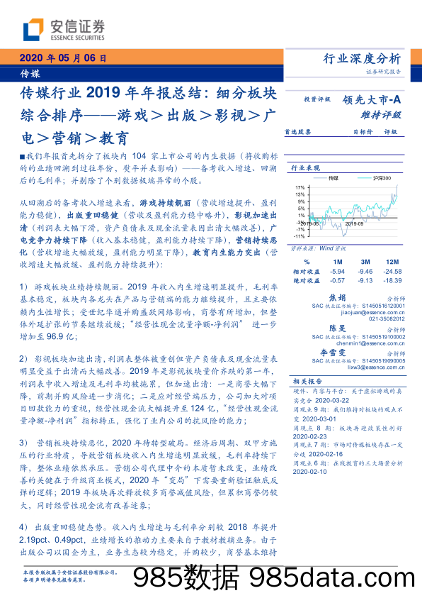 【影视综艺娱乐-研报】传媒行业2019年年报总结：细分板块综合排序_游戏＞出版＞影视＞广电＞营销＞教育-20200506-安信证券