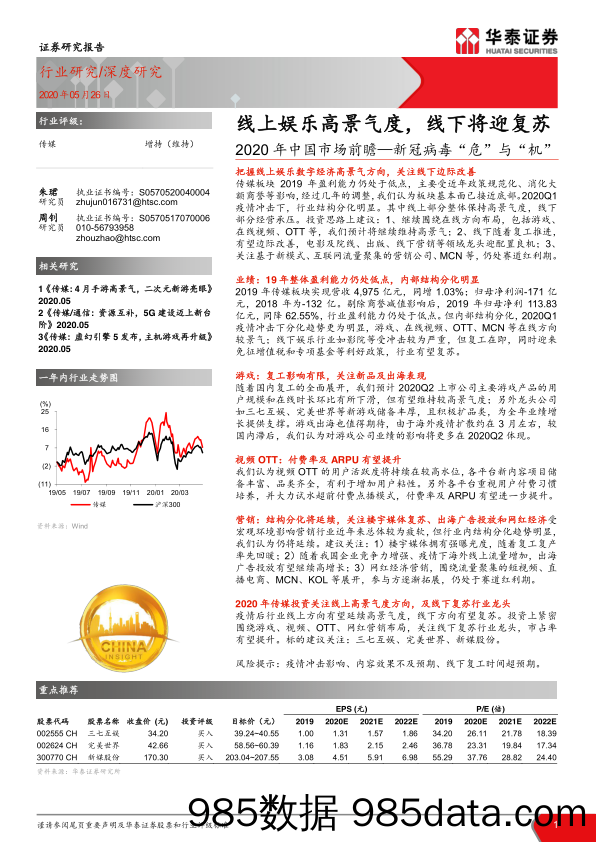 【影视综艺娱乐-研报】传媒行业2020年中国市场前瞻：新冠病毒“危”与“机”，线上娱乐高景气度，线下将迎复苏-20200526-华泰证券