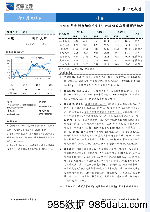 【影视综艺娱乐-研报】传媒行业月度报告：2020全年电影市场稳中向好，游戏研发与渠道博弈加剧-20210106-财信证券