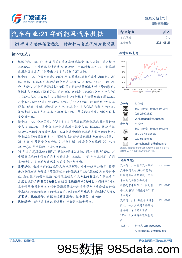 【最新品牌研报】汽车行业21年新能源汽车数据：21年4月总体销量稳定，特斯拉与自主品牌分化明显-20210525-广发证券