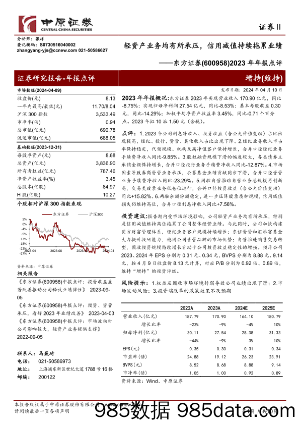 东方证券-600958.SH-2023年年报点评：轻资产业务均有所承压，信用减值持续拖累业绩-20240410-中原证券