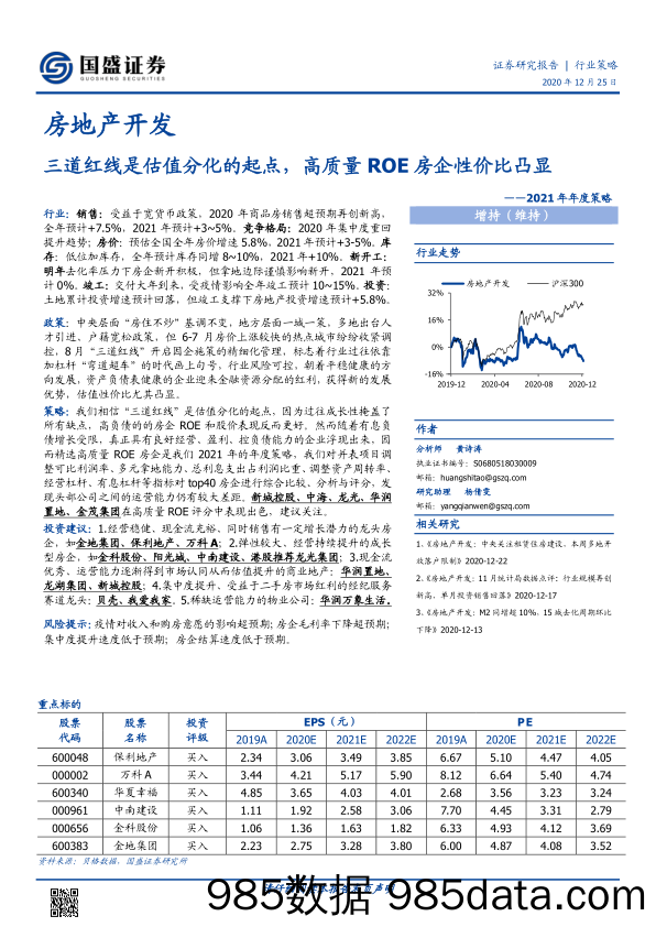 【最新地产研报】房地产开发行业2021年年度策略：三道红线是估值分化的起点，高质量ROE房企性价比凸显-20201225-国盛证券