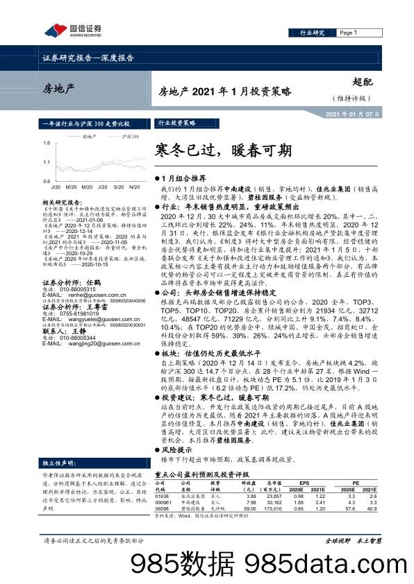 【最新地产研报】房地产行业2021年1月投资策略：寒冬已过，暖春可期-20210107-国信证券