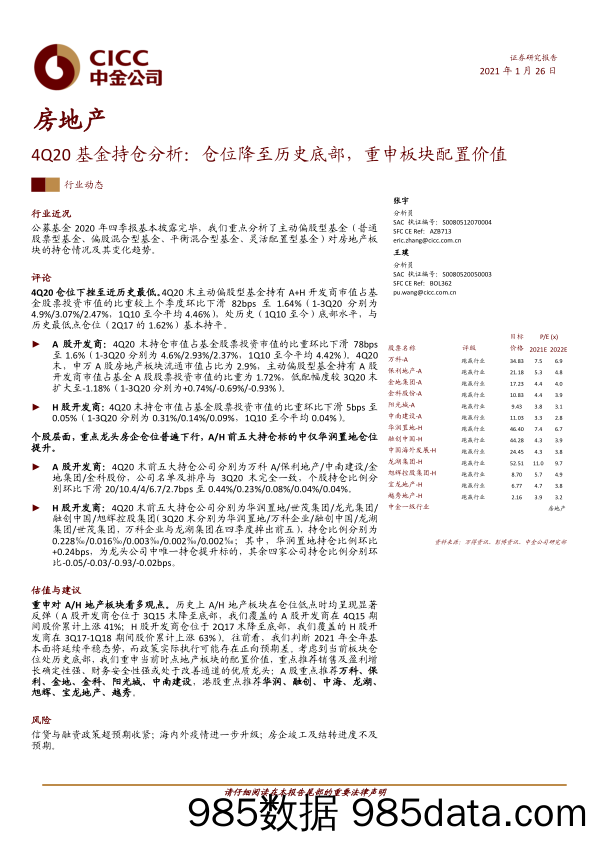 【最新地产研报】房地产行业4Q20基金持仓分析：仓位降至历史底部，重申板块配置价值-20210126-中金公司