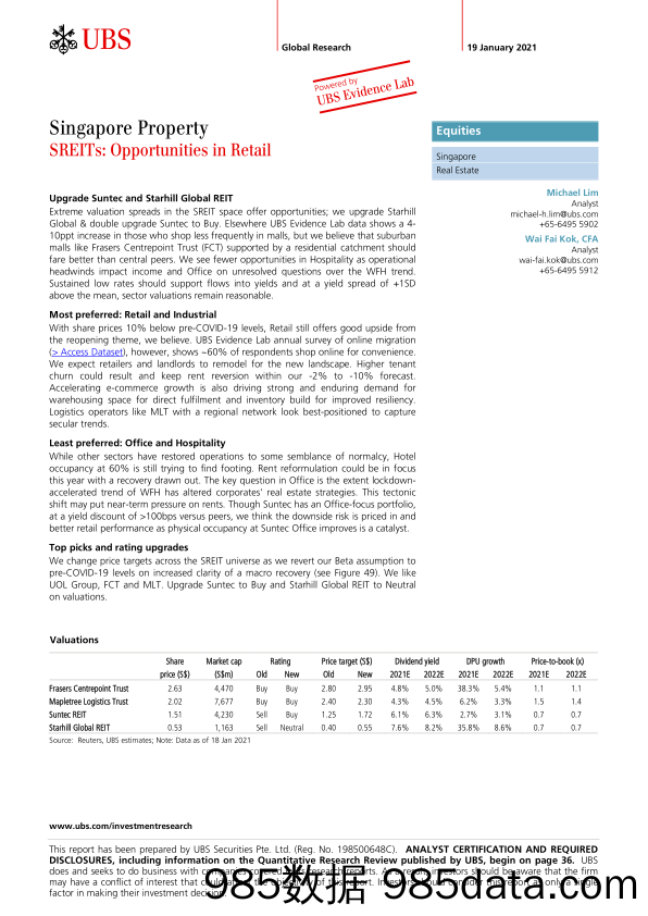【最新地产研报】瑞银-亚太地区-房地产行业-新加坡房地产：SREITs——零售中的机遇-2021.1.19