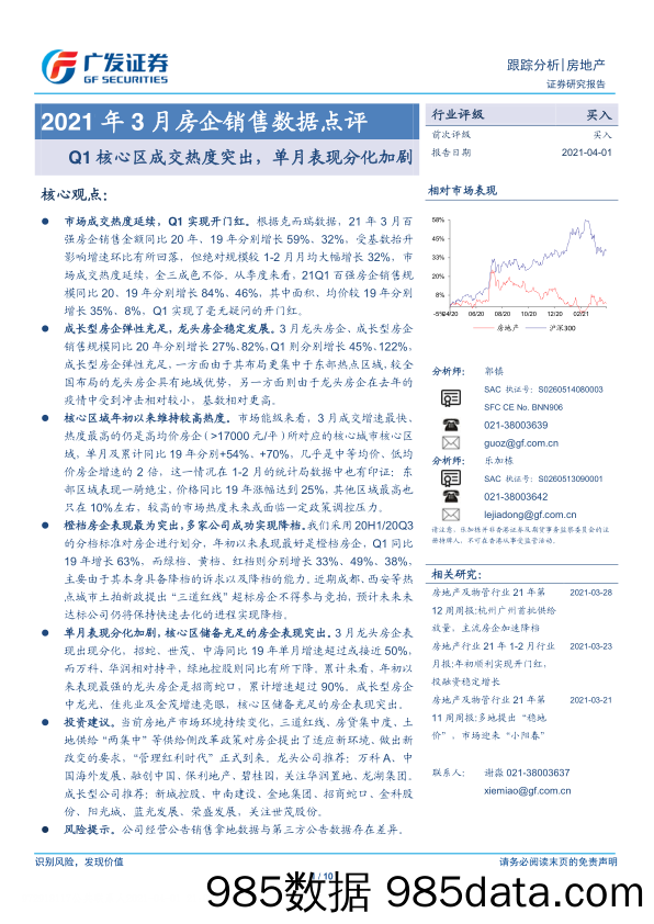 【地产最新研报】房地产行业2021年3月房企销售数据点评：Q1核心区成交热度突出，单月表现分化加剧-20210401-广发证券