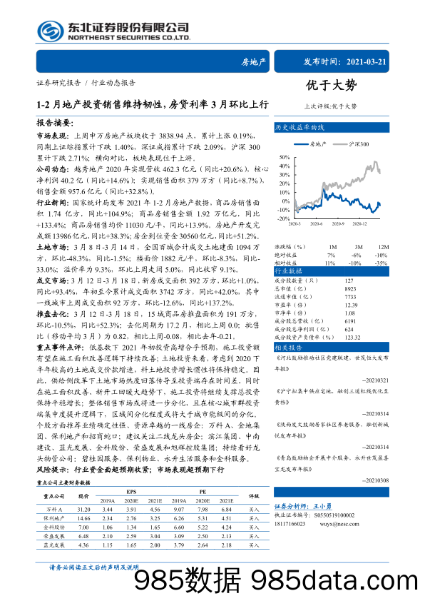 【地产最新研报】房地产行业动态报告：1_2月地产投资销售维持韧性，房贷利率3月环比上行-20210321-东北证券