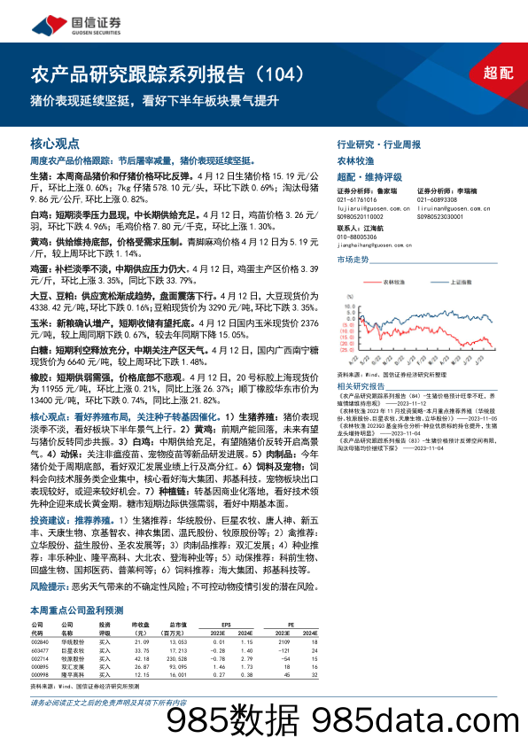 农产品研究跟踪系列报告(104)：猪价表现延续坚挺，看好下半年板块景气提升-240414-国信证券