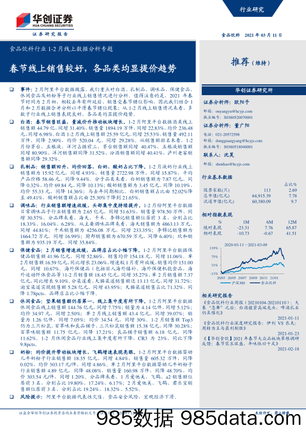 【食品饮料-研报】食品饮料行业1_2月线上数据分析专题：春节线上销售较好，各品类均显提价趋势-20210211-华创证券