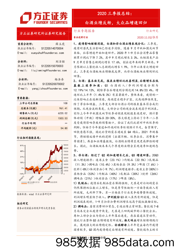 【食品饮料-研报】食品饮料行业2020三季报总结：白酒业绩反转，大众品增速回归-20201101-方正证券