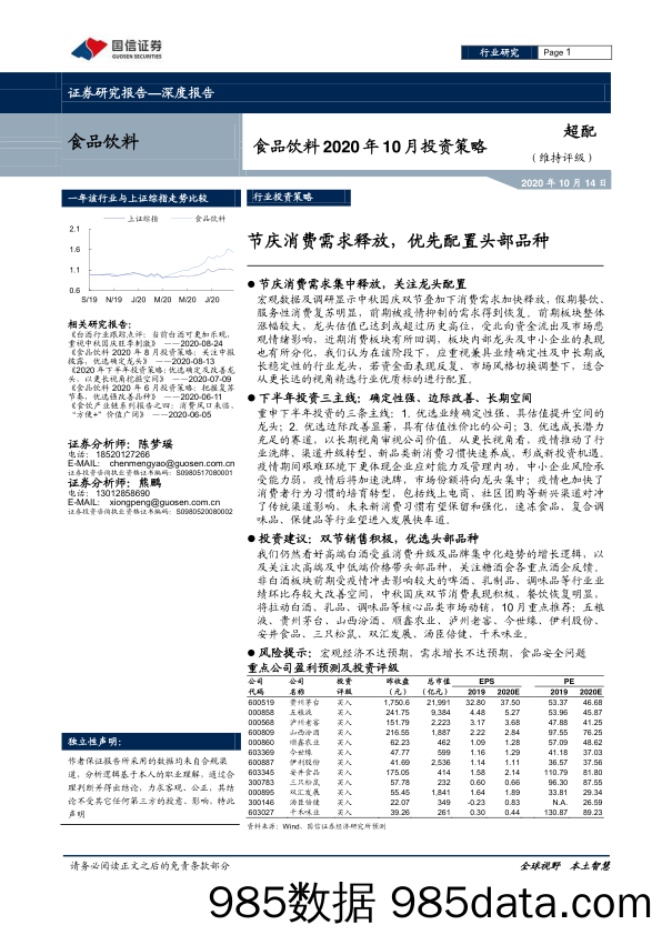 【食品饮料-研报】食品饮料行业2020年10月投资策略：节庆消费需求释放，优先配置头部品种-20201014-国信证券