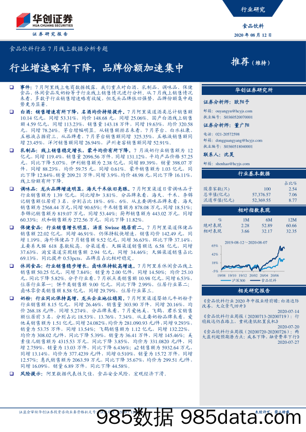 【食品饮料-研报】食品饮料行业7月线上数据分析专题：行业增速略有下降，品牌份额加速集中-20200812-华创证券