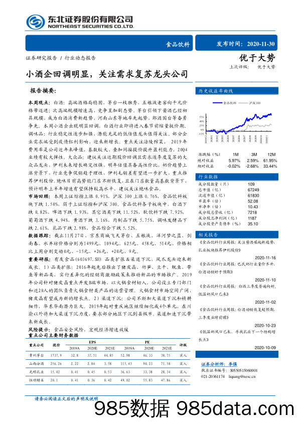 【食品饮料-研报】食品饮料行业动态报告：小酒企回调明显，关注需求复苏龙头公司-20201130-东北证券