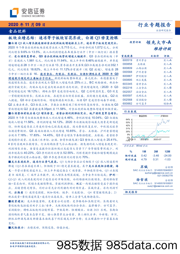 【食品饮料-研报】食品饮料行业板块业绩总结：速冻等子板块百花齐放，白酒Q3修复抢眼-20201109-安信证券